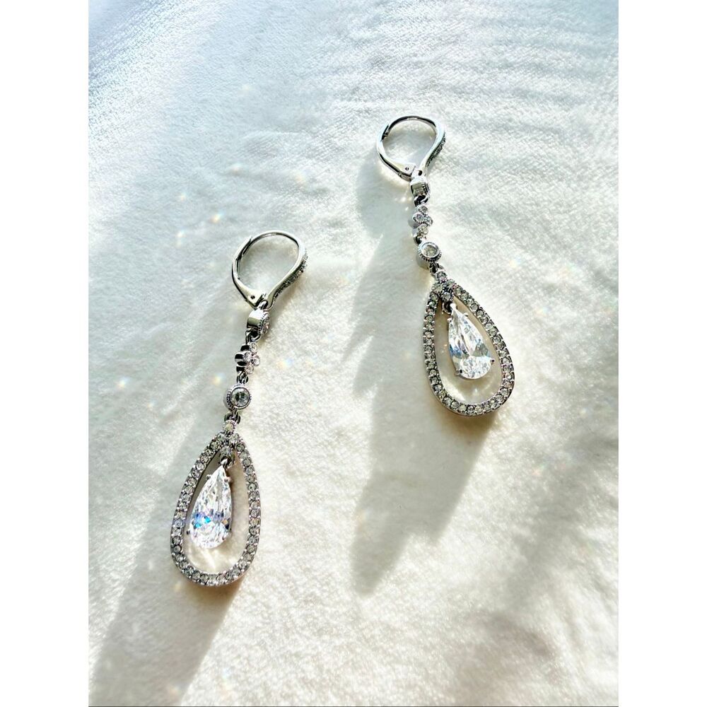 Nadri CZ Teardrop Halo Dangle Earrings Silver Bridal Wedding